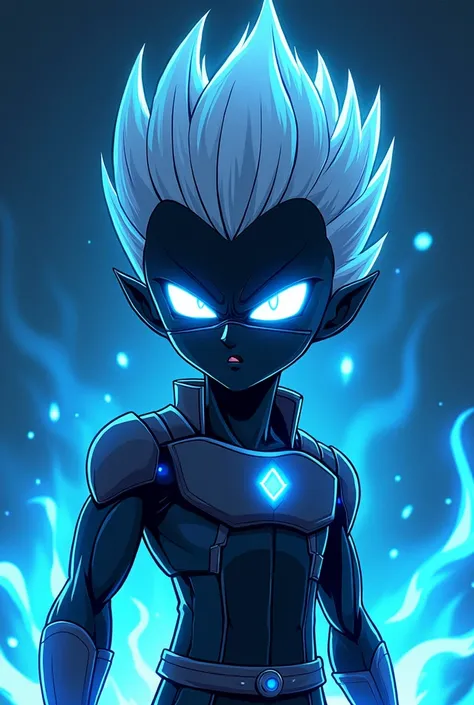 "A stylized cartoon character with silver spiked hair and a black face mask. The character has intense, glowing blue eyes with a bright blue light effect that gives a powerful and mysterious vibe. The outfit is futuristic with glowing blue accents. The bac...