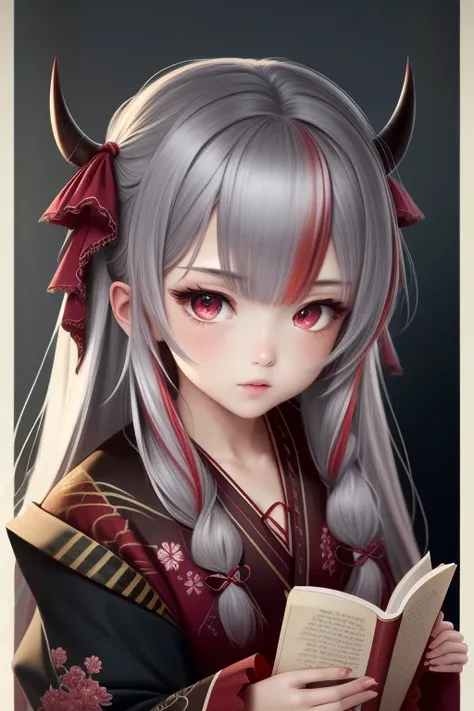 8k, Highest quality, Manga style, View your viewers, Intricate details,One person, Nakiri Ayame, ２Demon horns in the book, Multicolored Hair, Long Hair, Red eyes, Gray Hair, kimono,