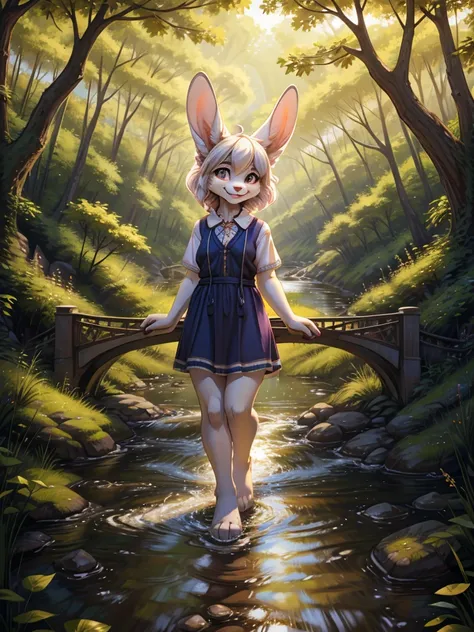 Lila is a white bunny with big ears, She is smiling as she crosses a river with a makeshift bridge made of branches..
