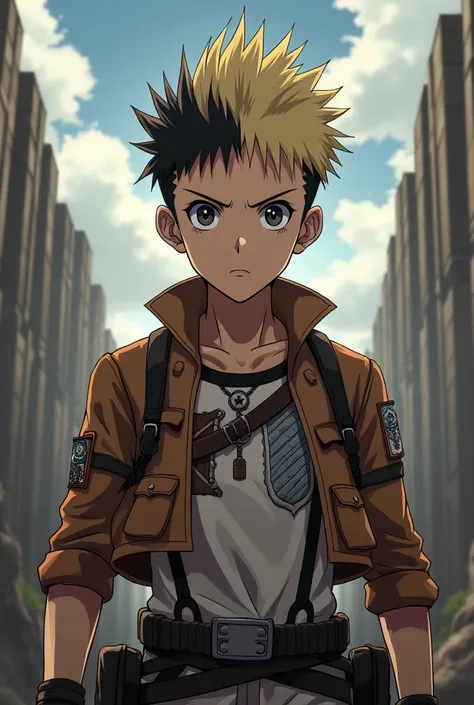 man, young short hair and raised, mohawk style hair, blonde tips but black roots, serious expression, thick eyebrows, big black eyes, delgado, white, in the style of Attack on Titan anime, with the attack on titan uniform 