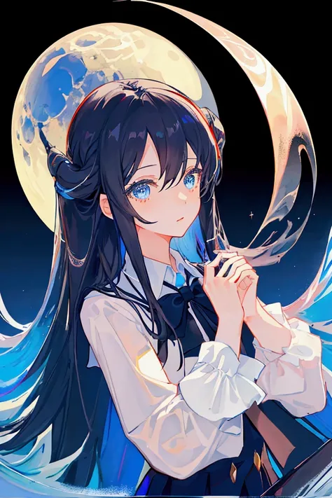 1 girl  front view, black long hair, blue eyes, holding shining globe with two hands, school uniform dark background