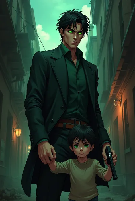 A mobster man in his 30s Italian alpha dominant green eyes black hair psycho handsome obsessed with his omega son holding a gun with bodies around him holding hands with his twelve year old son adorable green eyes little black wavy hair. anime style 