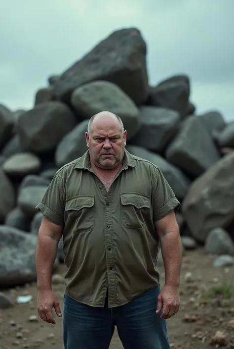 A white man, bald, slightly fat, without a beard, with an angry face, stands, There are many large stones lying behind him