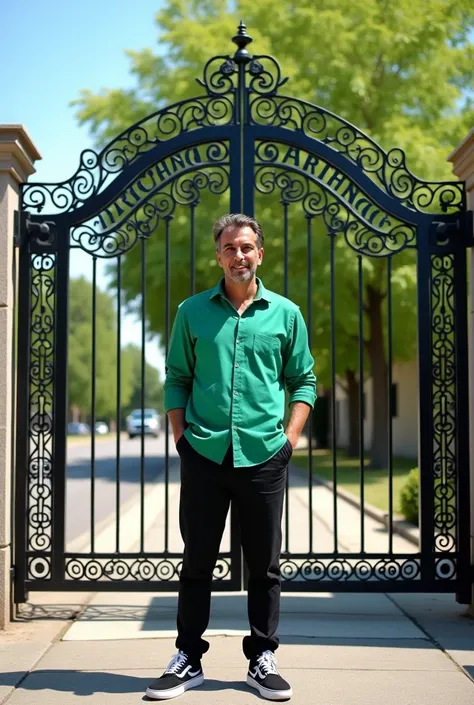 please make me a picture showing a 28-year-old Salty man standing in front of a decorative metal gate with the word "PARTHENGO" on it. The person was wearing a green shirt, black pants, and black and white sneakers, with an outdoor background around which ...