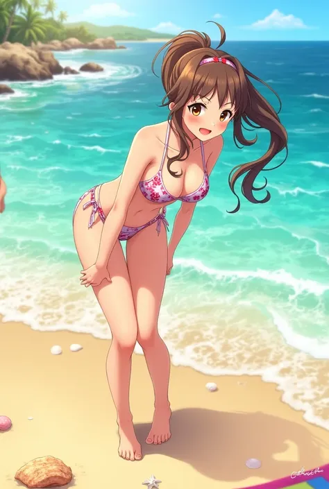 Brown hair anime girl in bikini bending over