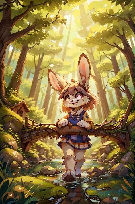 Lila is a white bunny with big ears, She is smiling as she crosses a river with a makeshift bridge made of branches..
