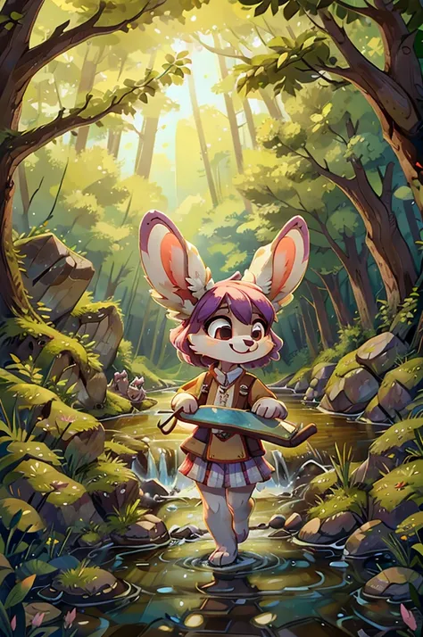 Lila is a white bunny with big ears, She is smiling as she crosses a river with a makeshift bridge made of branches..
