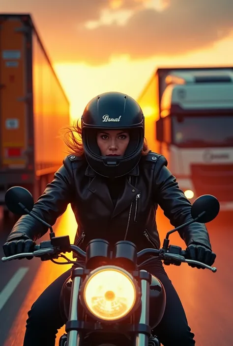 a rider passing between two lorries, detailed realistic portrait, 1person, beautiful detailed eyes, beautiful detailed lips, extremely detailed face, long eyelashes, riding a motorcycle, speeding motion blur, dramatic lighting, cinematic composition, warm ...