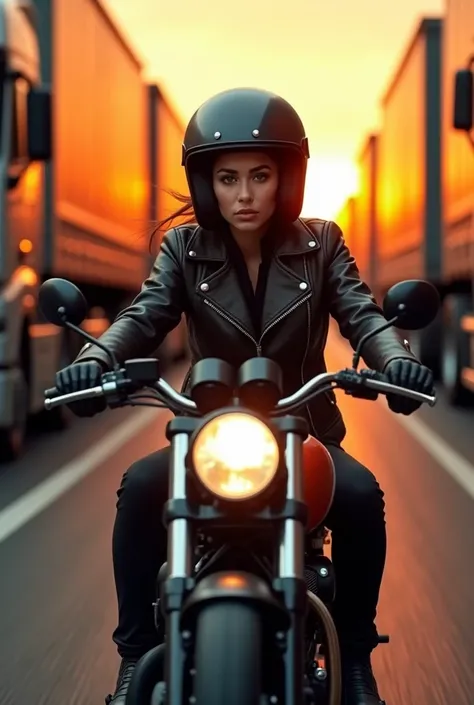 a rider passing between two lorries, detailed realistic portrait, 1person, beautiful detailed eyes, beautiful detailed lips, extremely detailed face, long eyelashes, riding a motorcycle, speeding motion blur, dramatic lighting, cinematic composition, warm ...