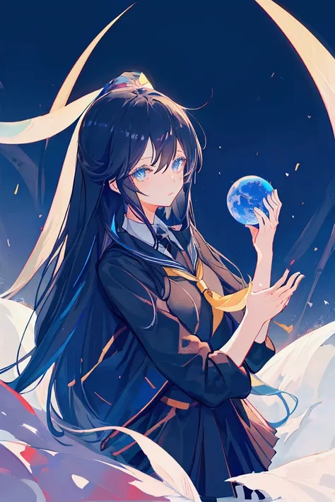 1 girl  front view, black long hair, blue eyes, holding shining globe with two hands, school uniform dark background