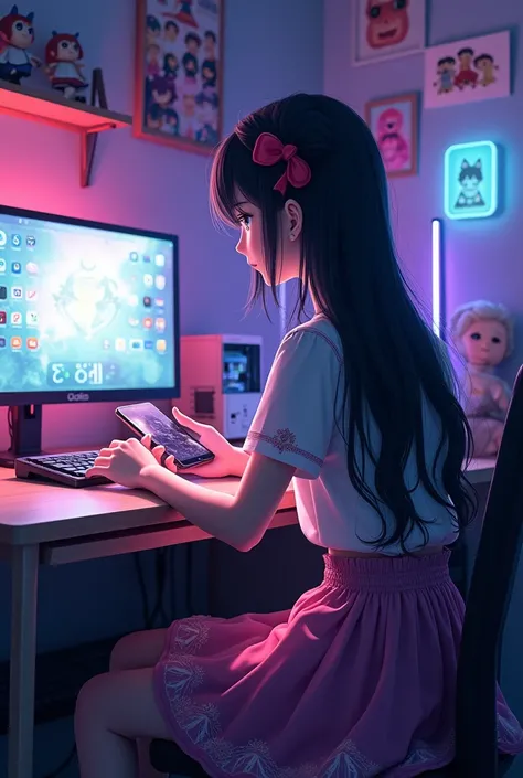 Beautiful girl, long black hair, half-pigtails, skirt, ribbon, PC, smartphone, anime