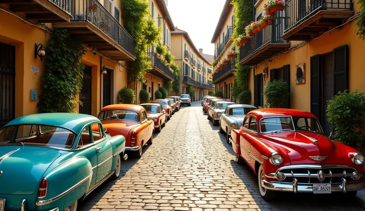 a narrow European-style street with a row of parked cars