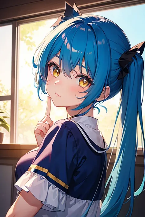 A beautiful girl with blue hair, twin tail, yellow eyes