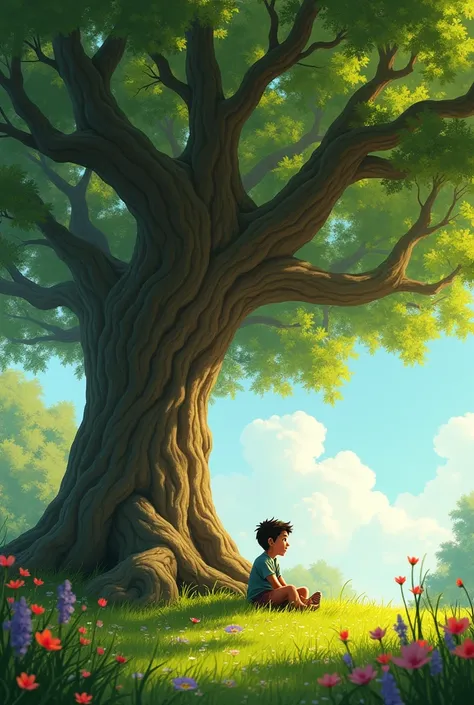 "A young boy named Ali sitting under the large tree in the village. He is gazing up at the trees high branches with curiosity. The boys grandmother is nearby, telling him about the magical powers of the tree. Ali looks thoughtful, wondering if the tree rea...