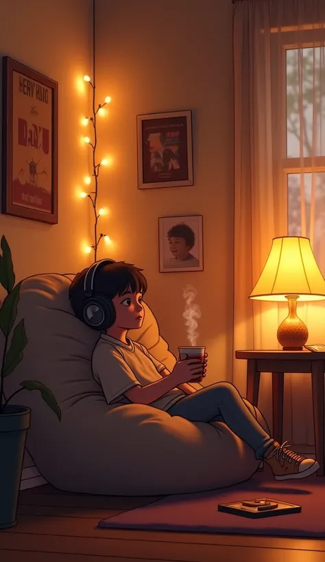 night、Sit in a cozy room and listen to music, Using headphones, 2D-style animation, Lo-Fi, Hard disk。LOFI