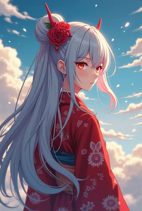 8k, Highest quality, Manga style, View your viewers, Intricate details,One person, Nakiri Ayame, ２Demon horns in the book, Multicolored Hair, Long Hair, Red eyes, Gray Hair, kimono,