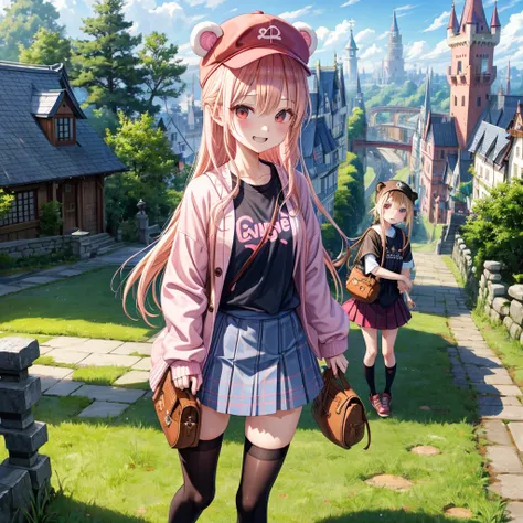 Pink Blonde、Red eyes、Hair tied up、Two cute、Checked mini skirt、black t-shirts、cardigan、Knee-high socks、bear ears baseball cap、Teeth are visible、Monster Castle、Tilting face、crossing the bridge、hazakura、windmill、grass、Stones are growing out of the ground.、imp...