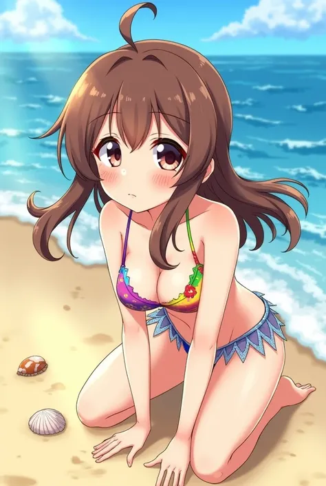 Brown hair Anime girl in bikini standing an all fours making a flustered face.