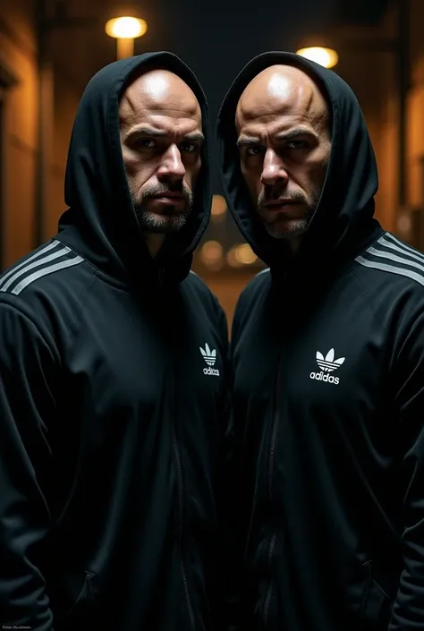 Two bald guys with serious faces stand in the darkness in hoods in Adidas uniforms