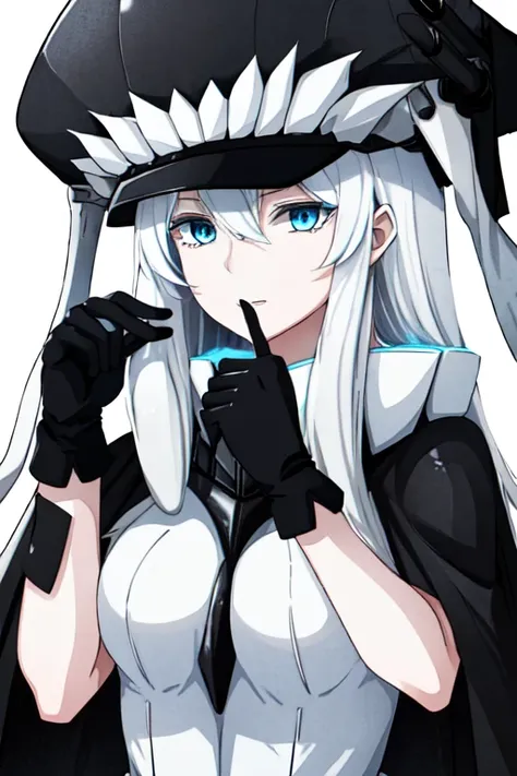 wo-class aircraft carrier, hat, gloves, hair, 1girl, white hair, solo, white skin, black gloves, bodysuit, blue eyes, black cape, leather pants, Masterpiece, Best Quality, 