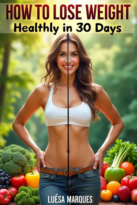 The title of the E-book is How to Lose Weight Healthily in 30 Days It is of the health and self-help type I want you to use colors that convey confidence and healthy foods I want the photo to be of a woman, where one side is fat and the other is thin and h...