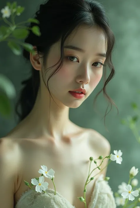 editorial photography,super detailed background,Super realistic,double exposure,depth of field,oriental beauty super skinny vides,soft focus tone,narrative scene,narrow eyes,Portrait photo of a female with white single flowers,bare shoulders,looking down,