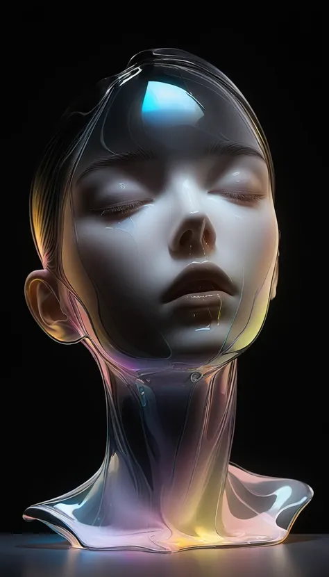 Graphic design, large black canvas, sense of space, white space, 1 colored glass transparent 3D portrait sculpture, bottom flow melting, facial luminous circuit, simple, minimalist, beautiful girl, soft and elegant colors, dark background, luminous