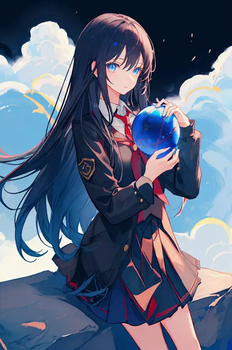 1 girl  front view, black long hair, blue eyes, holding shining globe with two hands, school uniform, dark background