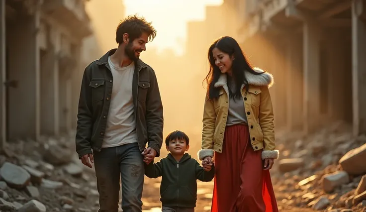 First person view, cinematic, ruin city, photo of A heartwarming scene featuring a joyful family of four bathed in soft, warm sunlight. The father, with short, slightly messy black hair and a light beard, wears a dark jacket over a white shirt. He is on th...