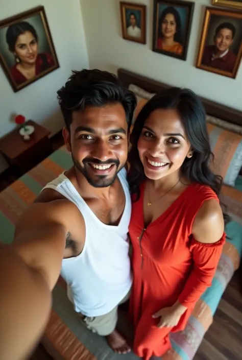 Selfie photo of Indian young  straight couple. Male is wearing White vest and shorts. Female is curvy white fair skin tone, Big breast.Wearing kerala red full length kurtis and in kerala middle-class bedroom.realistic image.selfie photo.Top view