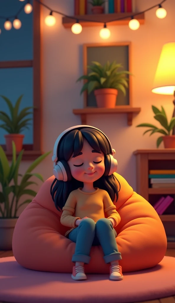 Perfect image, 8k, night、Listen to music in a cozy room, Using headphones, 2D-style animation, Lo-Fi, Hard Diss
