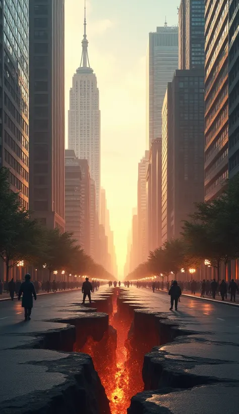 Image In the city in the morning in the middle of the road tall buildings . 
The scene shook There was a deep crack under the road. .underground space rift military perspective 