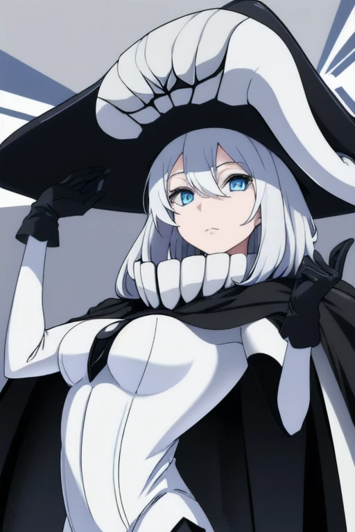 wo-class aircraft carrier, hat, gloves, hair, 1girl, white hair, solo, white skin, black gloves, bodysuit, blue eyes, black cape, cape covered, leather pants, Masterpiece, Best Quality, room. 