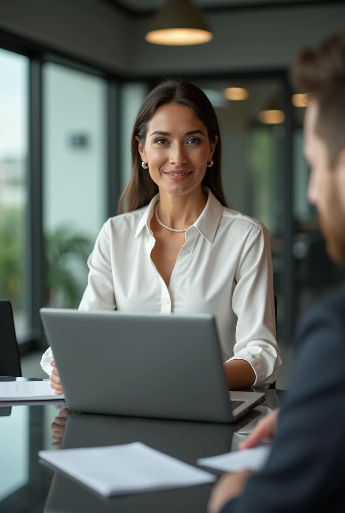 A confident woman, radiating charisma and authority, sits at the head of the table, surrounded by her colleagues. Equipped with her sleek laptop, she leads the meeting with unwavering determination, her gaze piercing through the room. The hyperrealistic re...