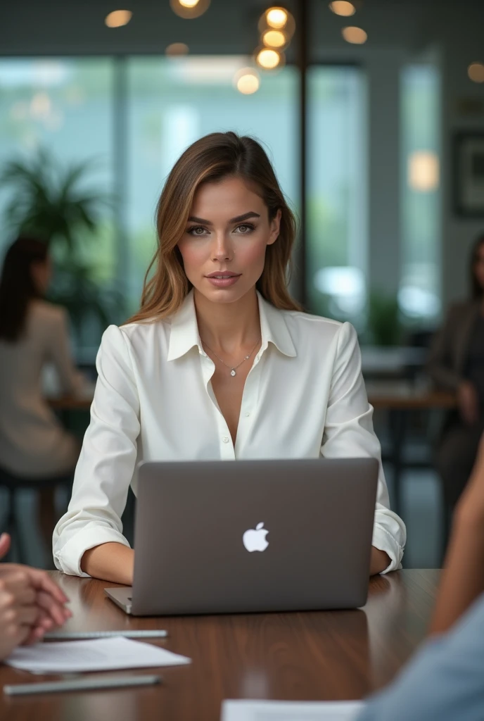 A confident woman, radiating charisma and authority, sits at the head of the table, surrounded by her colleagues. Equipped with her sleek laptop, she leads the meeting with unwavering determination, her gaze piercing through the room. The hyperrealistic re...