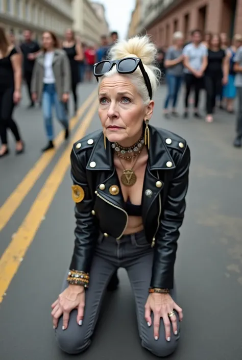 russian old milf woman, platinum blonde hair (huge top bun) and sunglasses as headband (big maxi glasses), with very light blue eyes, extremely pale. Wearing cropped black moto jacket with badges and pins, black bra, dark grey jeans and pointy silver Chels...