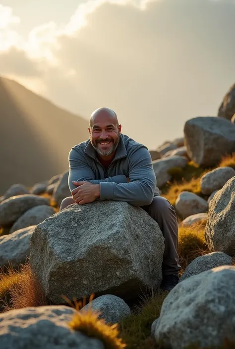 A bald, slightly fat man hugs a large stone, there are a lot of big rocks behind