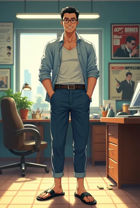 front view, full-body, solo, 1 man ,Japanese man, code name L,  staff of M , 40 age-old, (black hair, smile, black eyeglass),middle body, lough style fission, a alha shit, denim breech, sandal,  Japanese  anime character on desk , 007 series poster and mis...