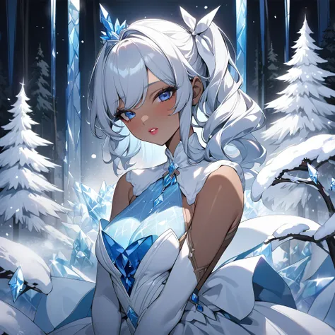 (amazing quality, great quality, top quality, very aesthetic, best quality)), (dark skin Cinderella bust),white wavy hair,frozen crystal dress,snow coating ribbon, half side ponytail,rouge lips,white breath, frozen forest,dignified pose,