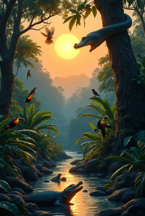 Can you make me a realistic image of The Sun was setting?, the moon came out, And in the jungle, the party is not over. So, in the rainforest, green and bright, They lived happily, every exciting day.
The animals the toucan, The parrot, the monkey, the jag...