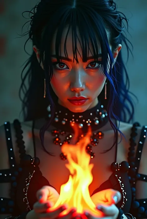 Captivating close-up cinematic portrait of a mysterious Asian woman in a dark fantasy setting. Her enigmatic face was partially revealed.
Eyes in shadow, black and blue hair contrast with pastel skin. The suggestive flames in her hands make the artists nam...