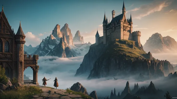 "A lone protagonist, resembling a fantasy warrior, stands at a distance, gazing at a majestic castle surrounded by mountains. The castle is grand and imposing, with tall spires and banners waving in the wind. The surrounding mountains are rugged and covere...