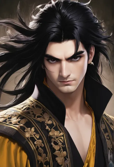 Man, black hair, black eyes, big noise, black bard, big eyebrow 