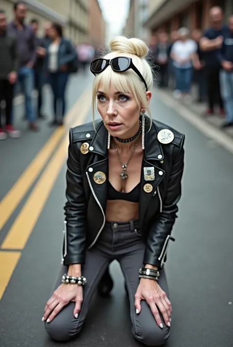 russian old milf woman, platinum blonde hair (huge top bun) and sunglasses as headband (big maxi glasses), with very light blue eyes, extremely pale. Wearing cropped black moto jacket with badges and pins, black bra, dark grey jeans and pointy silver Chels...