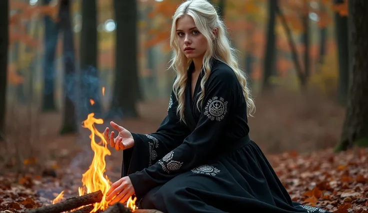 Autumn. forest. Beautifull blonde satanist girl making fire 