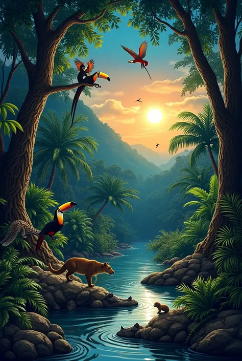 Can you make me a picture of The sun was setting?, the moon came out, And in the jungle, the party is not over. So, in the rainforest, green and bright, They lived happily, every exciting day.
The animals the toucan, The parrot, the monkey, the jaguar, the...