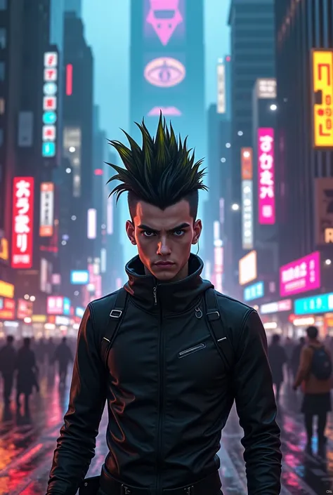 man, young short hair and raised, mohawk style hair, blonde tips but black roots, serious expression, thick eyebrows, big black eyes, delgado, white, cyberpunk style and attack on titan manga