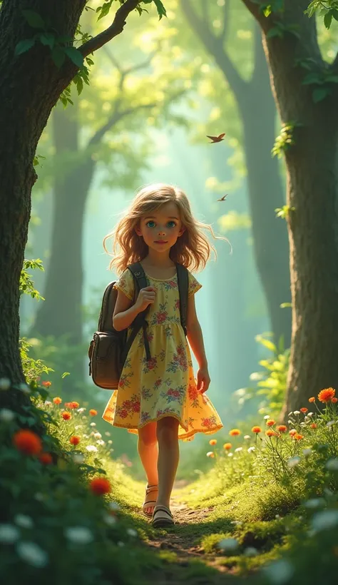 A curious  with bright eyes, wearing a dress and carrying a small backpack, exploring a forest