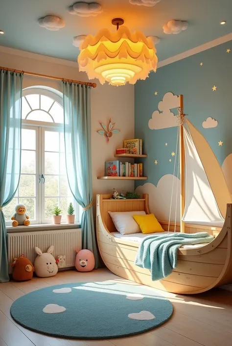 Please design me a fairy tale style bedroom for my boy., with gentle and peaceful design, bright color