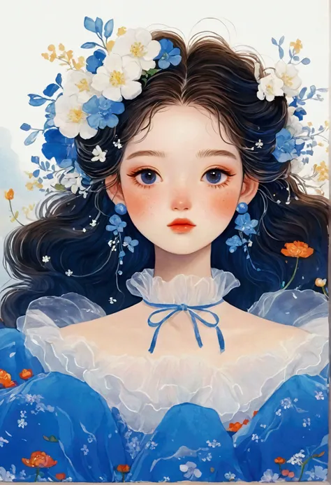 服装设计illustration,The painting shows a portrait of a girl in a dress,Fluffy tulle skirt,White Tulle Skirt - Fluffy - Multi-layered,Dress inspired by flowers - flower shape, Popular trends on artstration, 一幅美丽的艺术illustration, Beautiful digital illustrations,...
